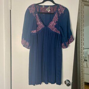 Vintage Calypso St. Barth Blue Silk Dress w/ Purple Embroidery & Sequins -Size 0